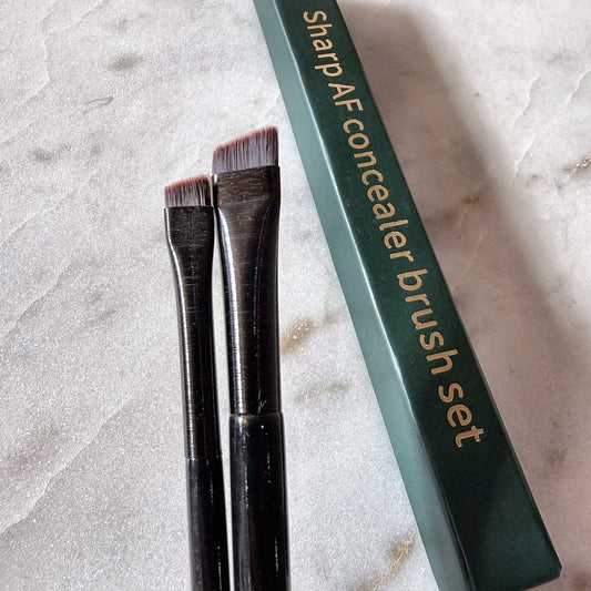 Sharp AF concealer brush set: regular and slim angled brushes with the Brow Wizard box